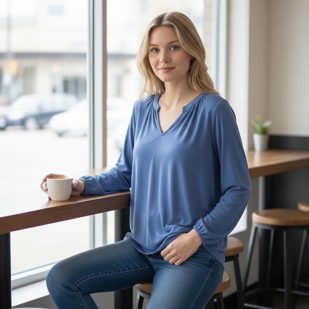 Lucky Brand Blue Peasant Blouse V-Neck Long Sleeve Knit Top Size S